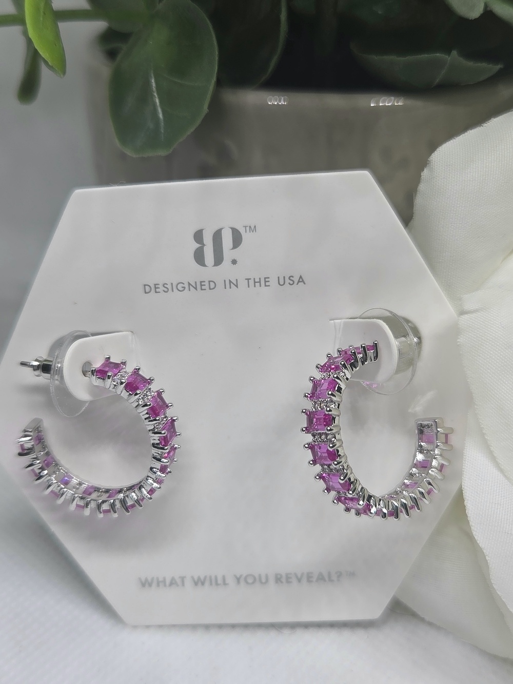 BP Rose Corrundum Open Hoop Earrings On Rhodium Plating
